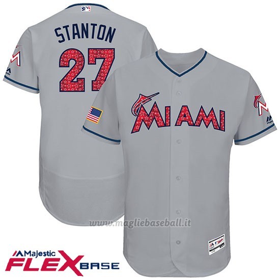 Maglia Baseball Uomo Miami Marlins 2017 Estrellas y Rayas Giancarlo Stanton Grigio Flex Base
